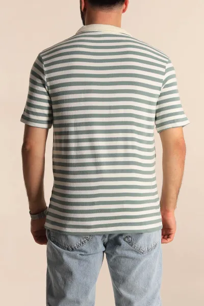 Su Yeşili Çizgili Relaxed Fit Polo Yaka Erkek Triko Tişört 276750