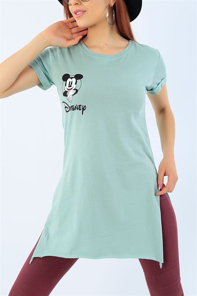 Su Yeşili Disney Baskılı Yırtmaçlı Tişört 33675