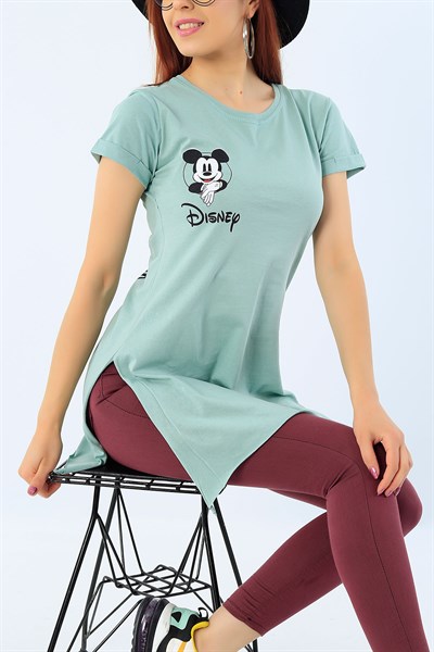 Su Yeşili Disney Baskılı Yırtmaçlı Tişört 33675