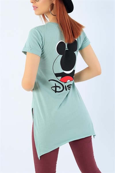 Su Yeşili Disney Baskılı Yırtmaçlı Tişört 33675