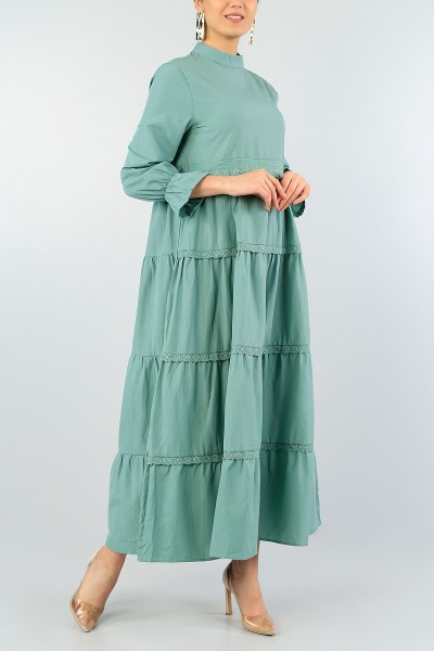 Su Yeşili Dokuma Güpür Tasarımlı Elbise 57798