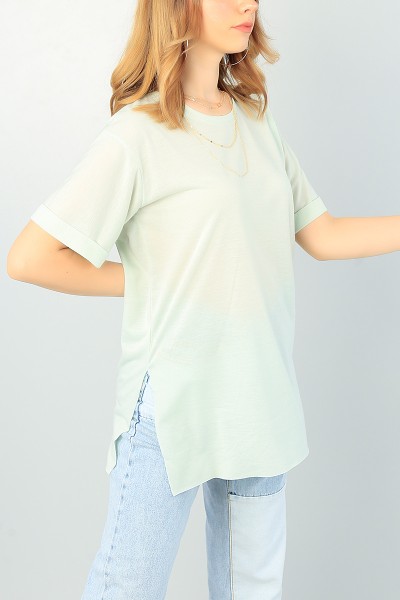 Su Yeşili Duble Kol Bayan Basic Tişört 67499