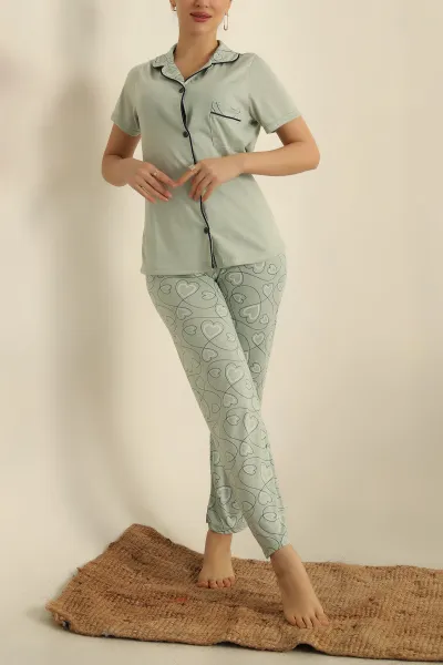 Su Yeşili Düğmeli Bayan Pijama Takımı 251566