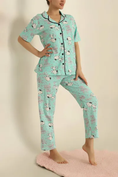 Su Yeşili Düğmeli Desenli Bayan Pijama Takımı 258529