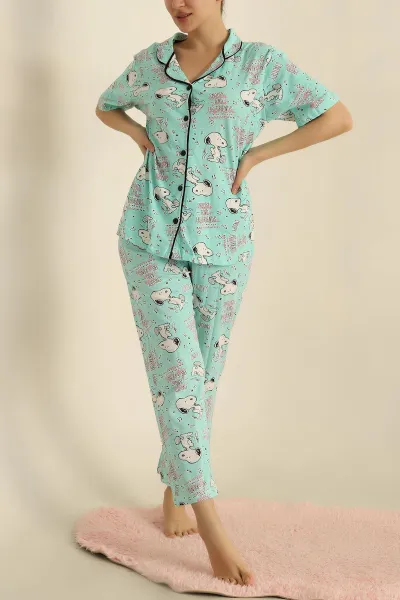 Su Yeşili Düğmeli Desenli Bayan Pijama Takımı 258529