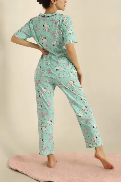 Su Yeşili Düğmeli Desenli Bayan Pijama Takımı 258529