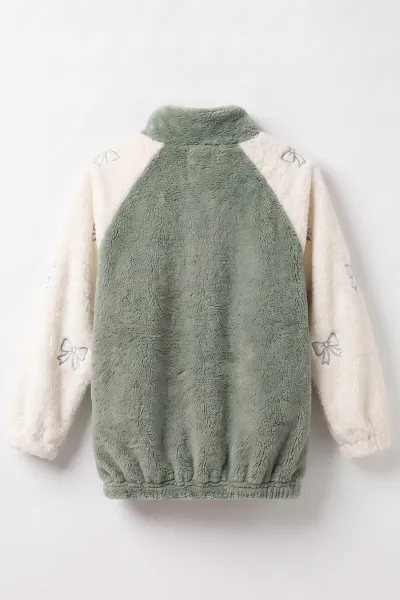 Su Yeşili Ekru (7-12 Yaş) Kolu Garnili Fiyonk Nakışlı Kız Çocuk Peluş Hırka 489002
