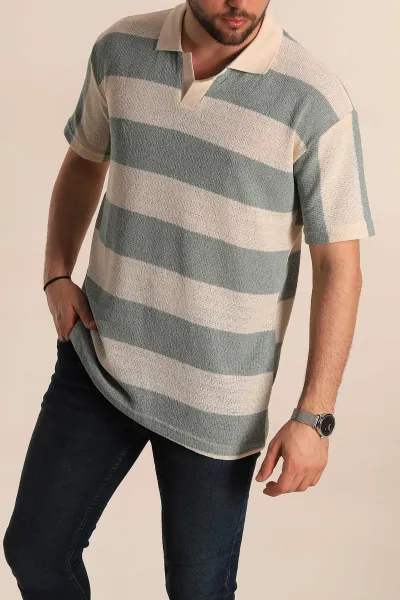 Su Yeşili Ekru Geniş Çizgili Oversize Polo Yaka Erkek Tişört 269203