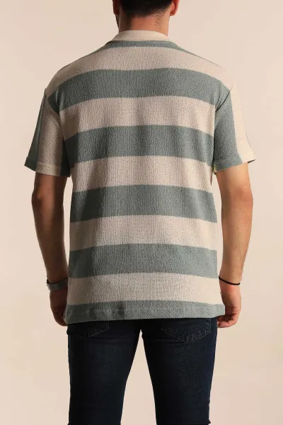 Su Yeşili Ekru Geniş Çizgili Oversize Polo Yaka Erkek Tişört 269203