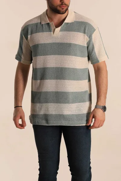 Su Yeşili Ekru Geniş Çizgili Oversize Polo Yaka Erkek Tişört 269203