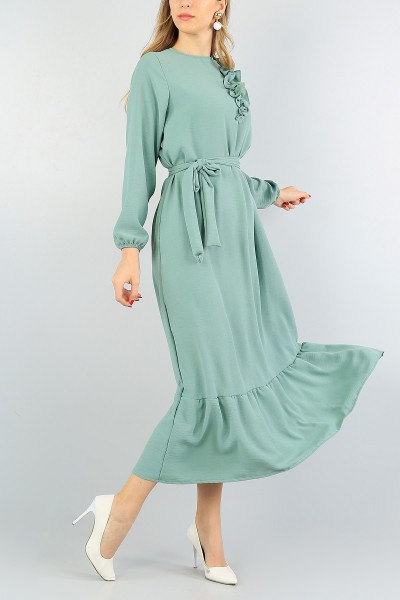 Su Yeşili Fırfırlı Kemerli Elbise 58588
