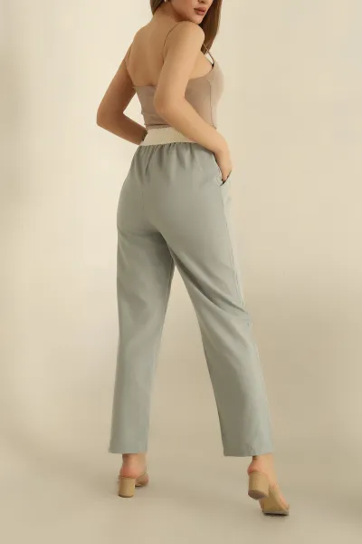 Su Yeşili Gipe Lastikli Dokuma Pantolon 254040