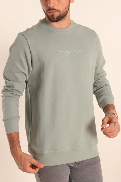 Su Yeşili Kabartma Yazılı Bisiklet Yaka Erkek Sweatshirt 204809