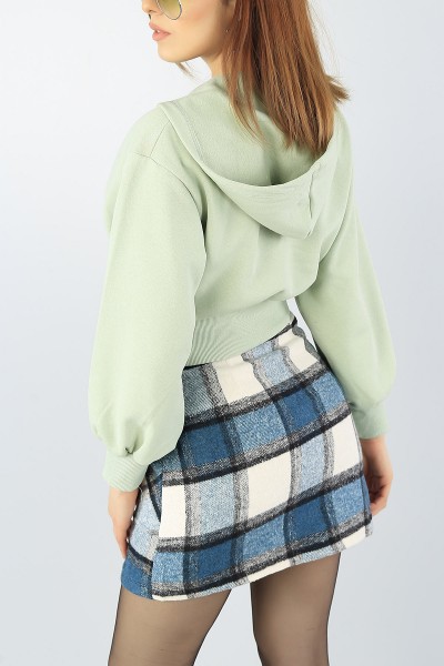 Su Yeşili Kapüşonlu Üç İp Bayan Crop Sweat 53566