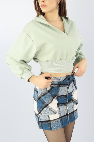 Su Yeşili Kapüşonlu Üç İp Bayan Crop Sweat 53566