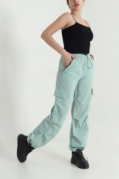 Su Yeşili Kargo Cep Paraşüt Kumaş Kadın Pantolon 467964