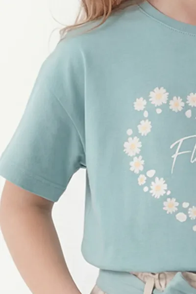 Su Yeşili Krem (2-5 Yaş) Flowers Baskılı Süprem Tişörtlü Gabardin Şortlu Kız Çocuk Yazlık Takım 454289