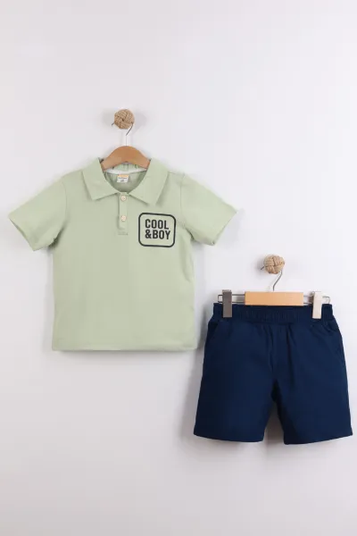 Su Yeşili Lacivert (2-10  Yaş) Polo Yaka Cool Boy Baskılı Tişörtlü Gabardin Şortlu Erkek Çocuk Yazlık 2'li Takım 459857