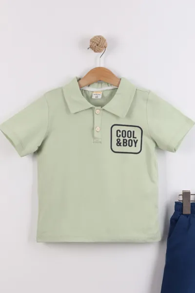 Su Yeşili Lacivert (2-10  Yaş) Polo Yaka Cool Boy Baskılı Tişörtlü Gabardin Şortlu Erkek Çocuk Yazlık 2'li Takım 459857