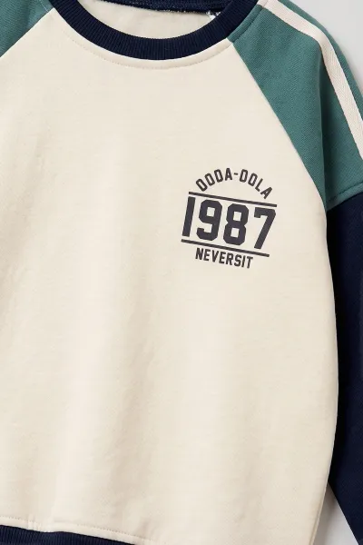 Su Yeşili Lacivert (4-12 Yaş)Şeritli Reglan Kol 1987 Baskılı 3 İp Şardonlu Erkek Çocuk Kışlık Takım 487410