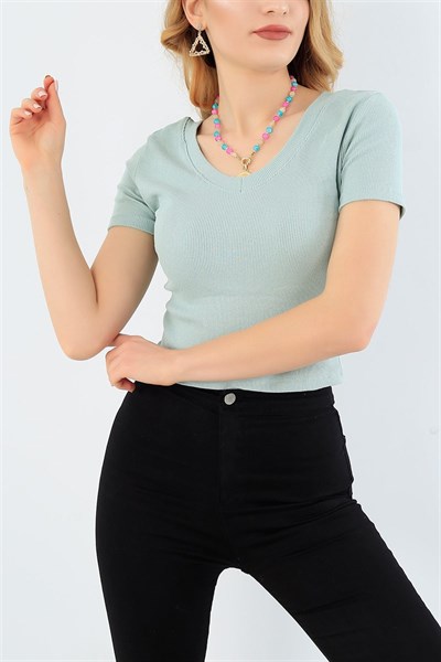 Su Yeşili Likralı Crop Tişört 33278
