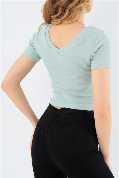 Su Yeşili Likralı Crop Tişört 33278