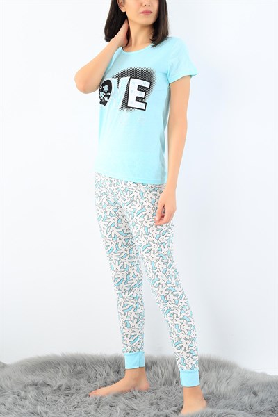 Su Yeşili Love Baskılı Bayan Pijama Takımı 32325