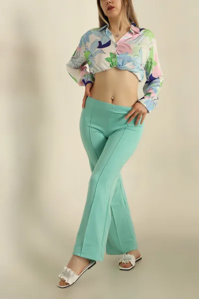 Su Yeşili Modal Kumaş Çimalı Bayan Pantolon 265927