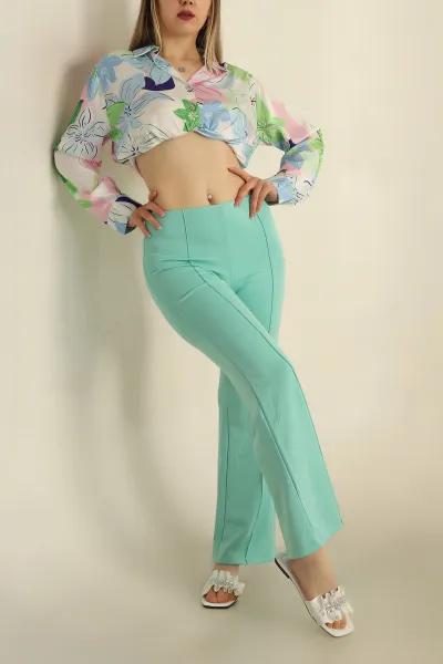 Su Yeşili Modal Kumaş Çimalı Bayan Pantolon 265927