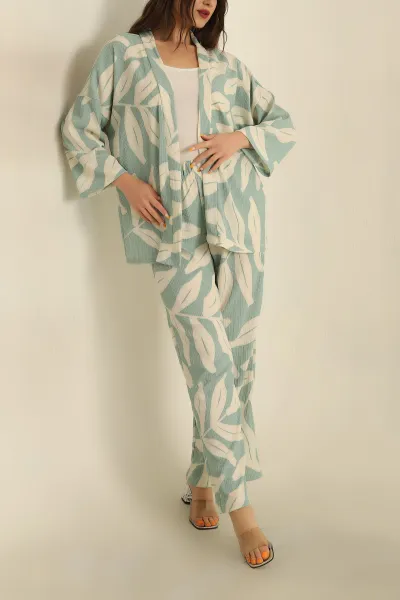 Su Yeşili Okyanus Kumaş Pantolon Kimono Takım 266470