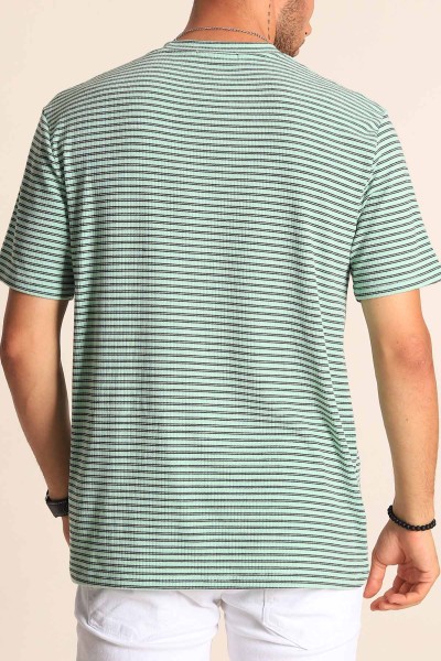 Su Yeşili Oversize Çizgili Örme Erkek Tişört 194577