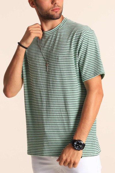 Su Yeşili Oversize Çizgili Örme Erkek Tişört 194577
