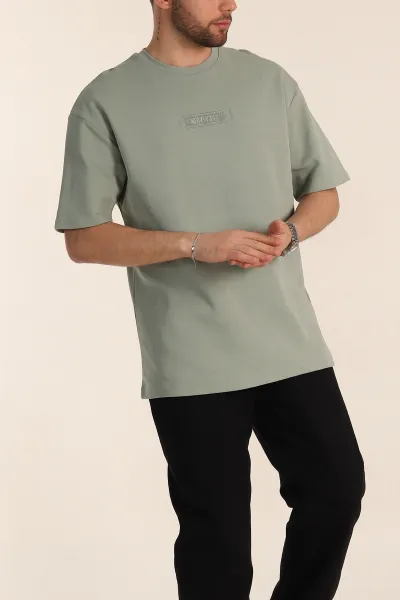 Su Yeşili Oversize Duble Kumaş Nakış Detaylı Erkek Tişört 345725