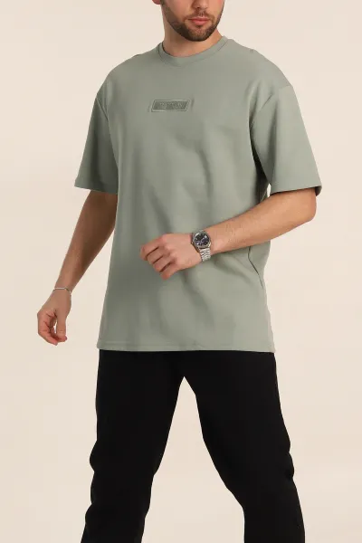 Su Yeşili Oversize Duble Kumaş Nakış Detaylı Erkek Tişört 345725