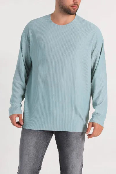 Su Yeşili Oversize Fitilli Doku Geniş Yaka Erkek Sweatshirt 306961