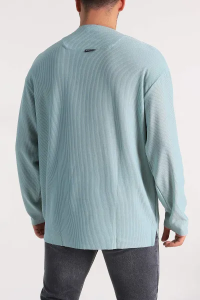 Su Yeşili Oversize Fitilli Doku Geniş Yaka Erkek Sweatshirt 306961