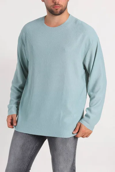 Su Yeşili Oversize Fitilli Doku Geniş Yaka Erkek Sweatshirt 306961