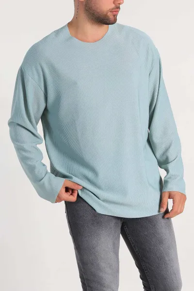 Su Yeşili Oversize Fitilli Doku Geniş Yaka Erkek Sweatshirt 306961