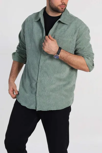 Su Yeşili Oversize Fitilli Kadife Cep Detaylı Erkek Gömlek 318412
