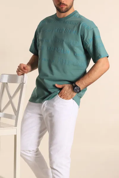 Su Yeşili Oversize İki İp Yazı Detay Erkek Tişört 247570