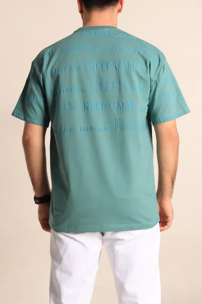 Su Yeşili Oversize İki İp Yazı Detay Erkek Tişört 247570