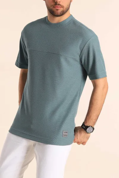 Su Yeşili Oversize Jakarlı Dikiş Detaylı Erkek Tişört 253353