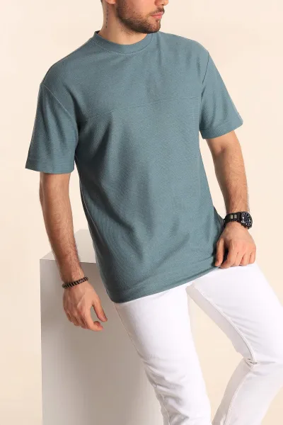 Su Yeşili Oversize Jakarlı Dikiş Detaylı Erkek Tişört 253353