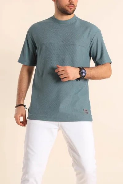Su Yeşili Oversize Jakarlı Dikiş Detaylı Erkek Tişört 253353