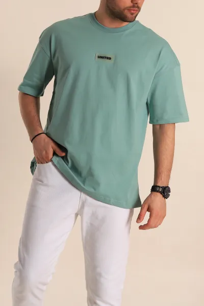 Su Yeşili Oversize Suprem Kumaş Plastik Baskı Detaylı Erkek Tişört 267361