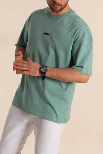 Su Yeşili Oversize Suprem Kumaş Plastik Baskı Detaylı Erkek Tişört 267361