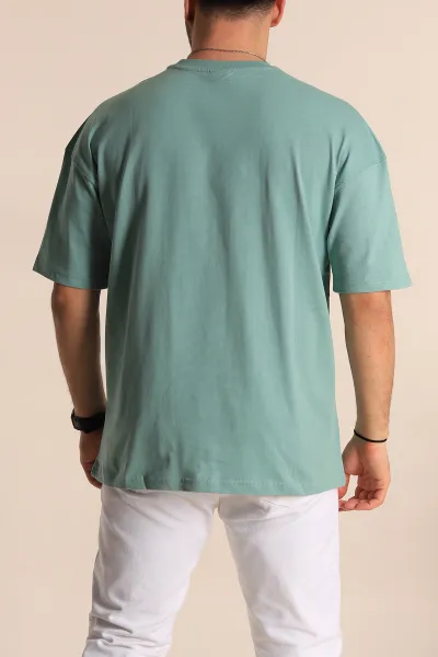 Su Yeşili Oversize Suprem Kumaş Plastik Baskı Detaylı Erkek Tişört 267361