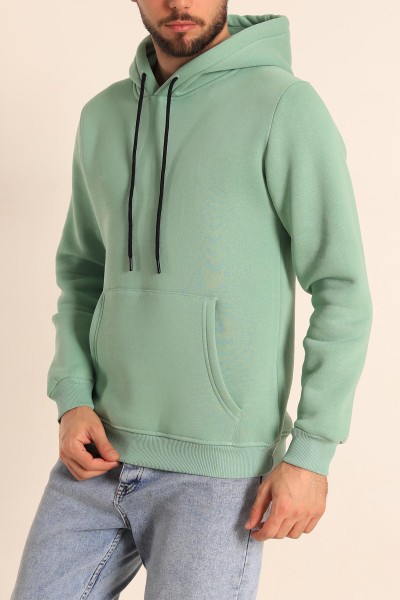 Su Yeşili Oversize Üç İp Şardonlu Basic Kapüşonlu Erkek Sweatshirt 222529