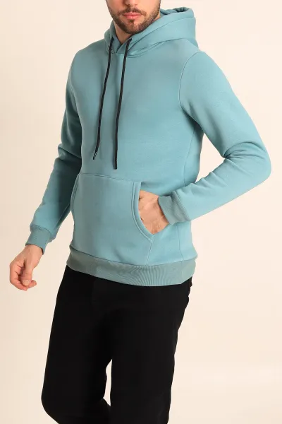 Su Yeşili Oversize Üç İp Şardonlu Basic Kapüşonlu Erkek Sweatshirt 227289