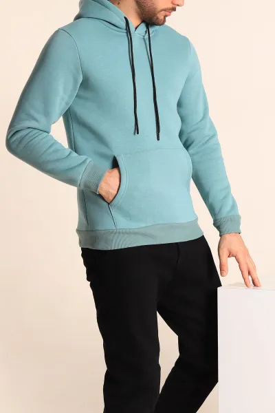 Su Yeşili Oversize Üç İp Şardonlu Basic Kapüşonlu Erkek Sweatshirt 227289